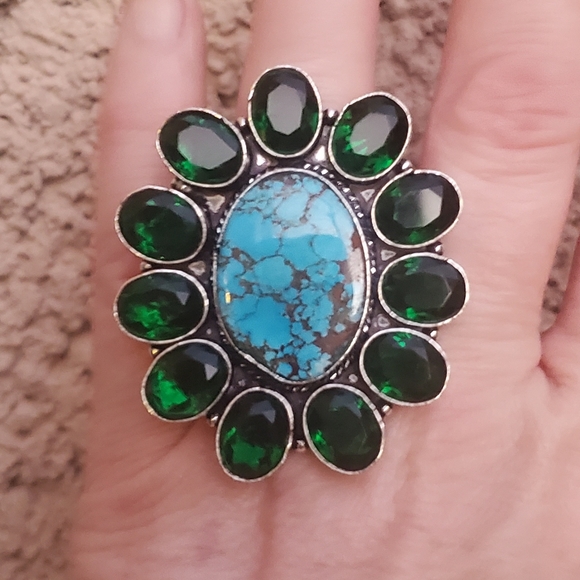 New Tibetan Turquoise and Chrome Diopside 925 Silver Statement Ring. - Picture 10 of 12